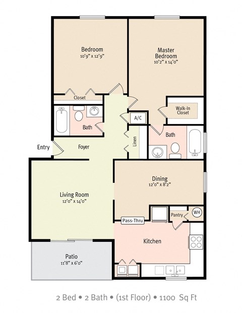 Floor plan for 2 beds, 2 baths, 1100 sqft